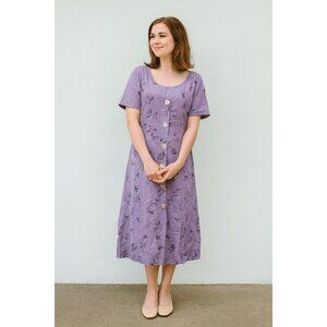 Vintage 1990s Linen Floral Tunic Maxi Dress Set – Purple, Short Sleeve, Made in